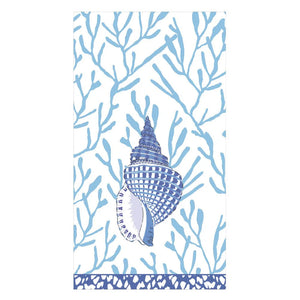 Featuring Caspari's Shell Toile-Blue Collection: a blue seashell centered on light blue coral branches with a blue border—ideal for triple-ply or eco-friendly, compostable napkins.