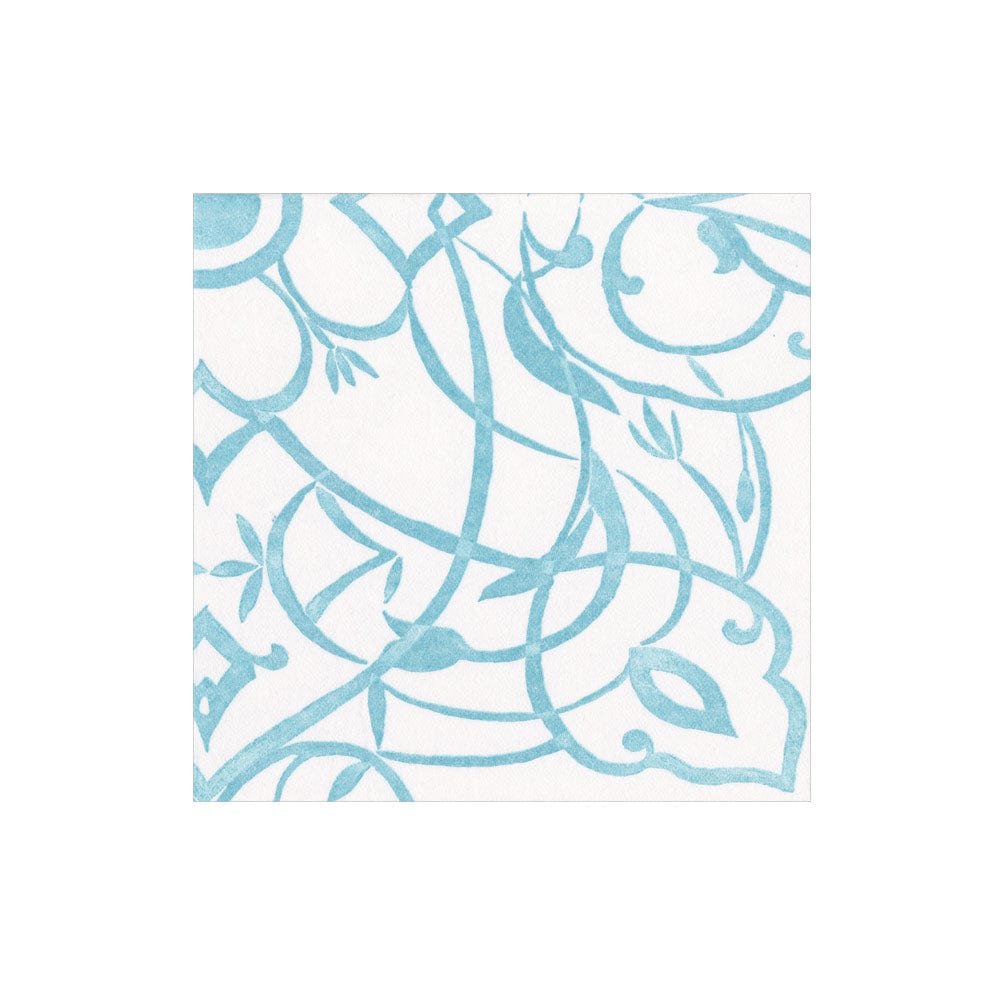 The Algarve Aqua Collection by Caspari features a square tile with a white background and an intricate swirling blue floral and vine pattern, evoking the look of elegant paper linen napkins.