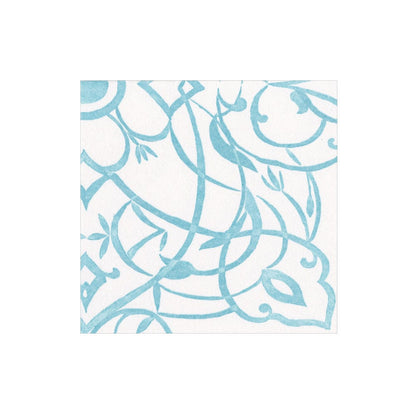 The Algarve Aqua Collection by Caspari features a square tile with a white background and an intricate swirling blue floral and vine pattern, evoking the look of elegant paper linen napkins.