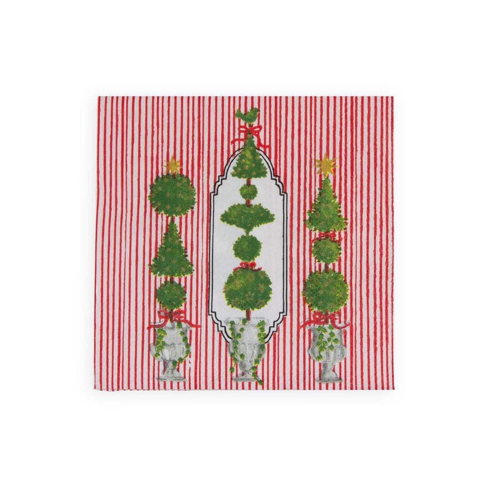 The Eloise Napkin from Caspari's collection is a chlorine-free, square napkin with red and white stripes and five green topiary designs in urns with holiday accents, triple-ply and printed in Germany.