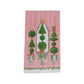 Part of Caspari's Eloise Napkin and Placemat Collection, this decorative towel showcases green topiary trees in urns on a red and white striped background with holly accents, and is printed in Germany.