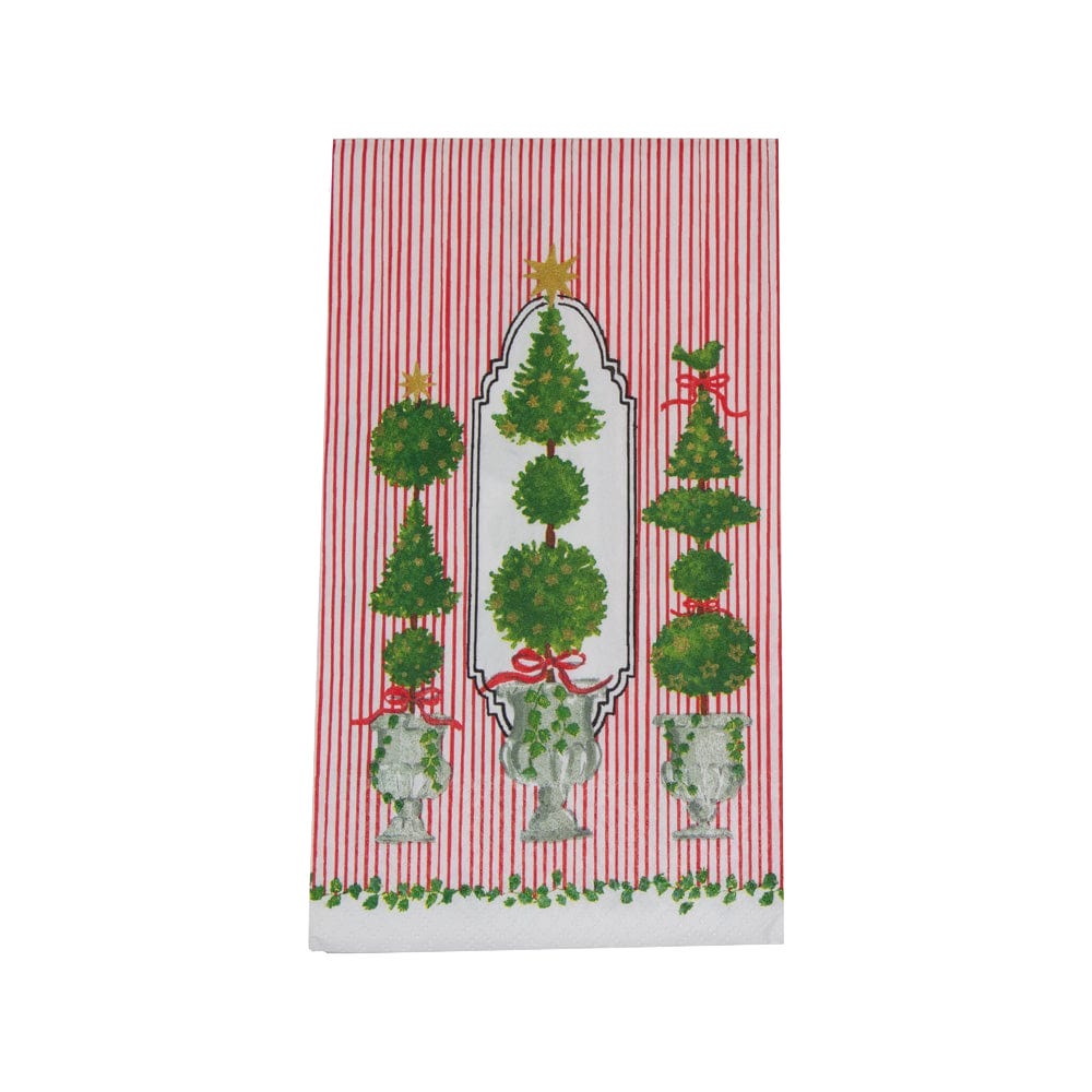 Part of Caspari's Eloise Napkin and Placemat Collection, this decorative towel showcases green topiary trees in urns on a red and white striped background with holly accents, and is printed in Germany.