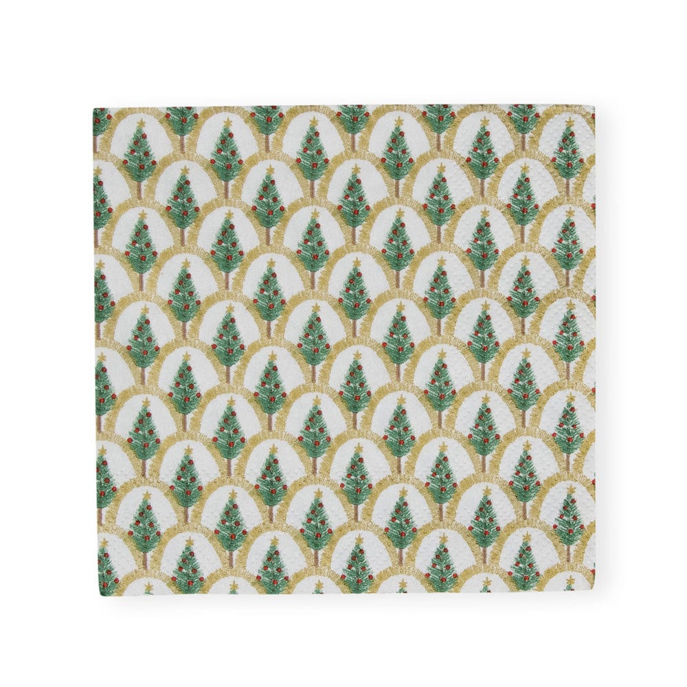 The Caspari Deco Christmas Gold Collection square paper napkin showcases green Christmas trees with red ornaments and gold arches on white—ideal for pairing with your favorite disposable tableware or decorative paper plates.