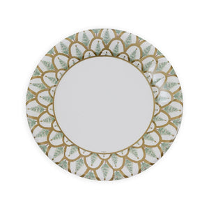 The Caspari Deco Christmas Gold Collection paper plate features a white center and a gold and green floral border, combining the elegance of ceramic with the convenience of disposable tableware.