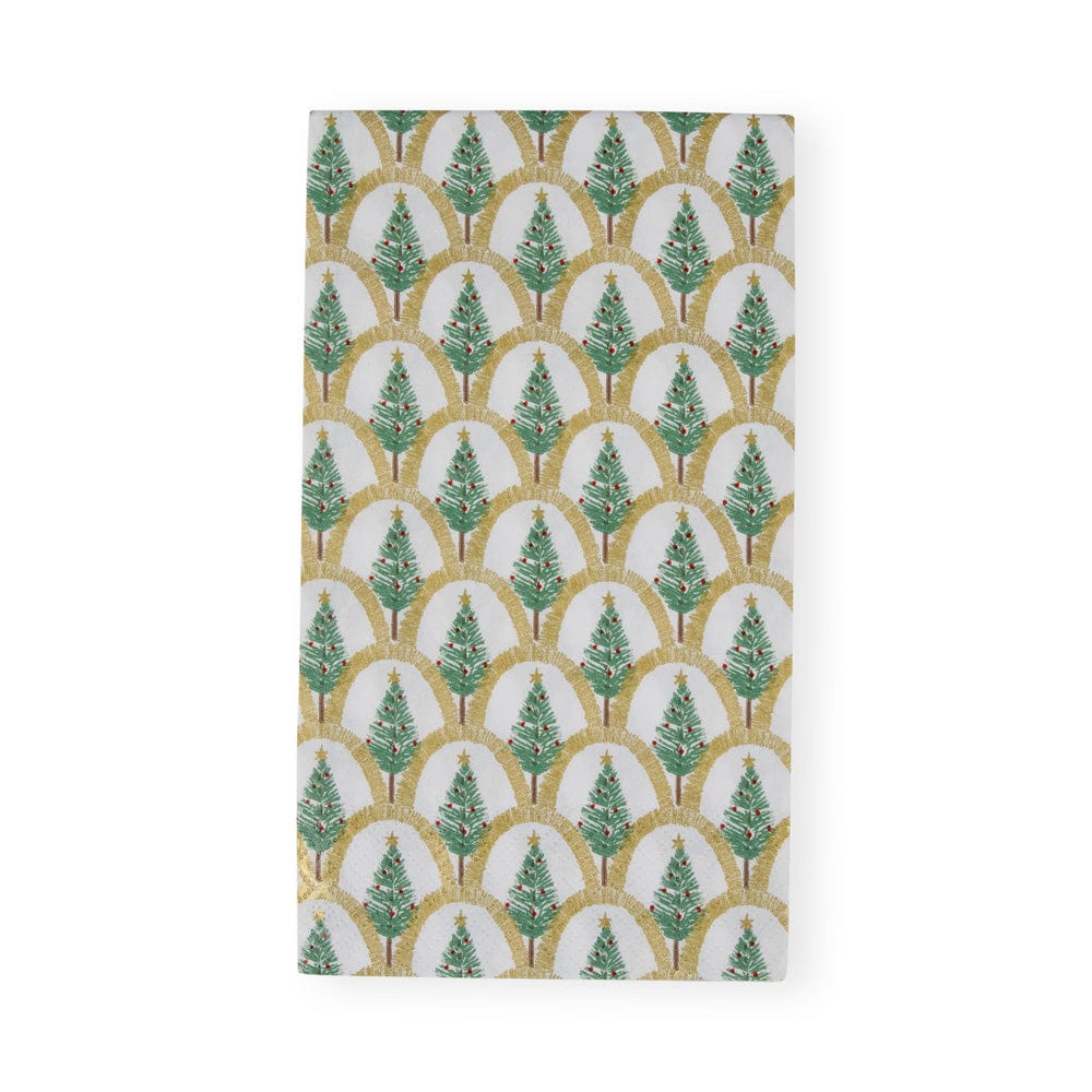 The Deco Christmas Gold Collection paper napkin by Caspari features green Christmas trees in gold arches on white. Ideal for pairing with decorative plates at your holiday gatherings.