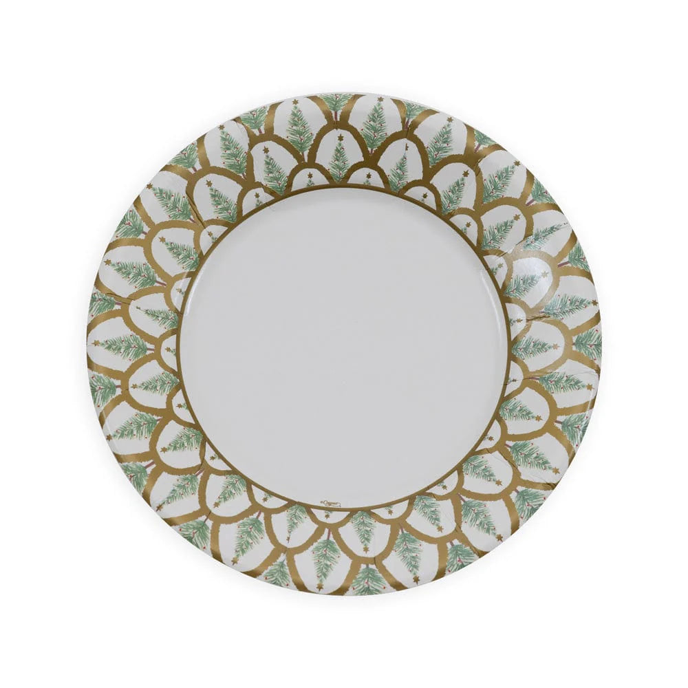 The Caspari Deco Christmas Gold Collection is a round white decorative paper plate featuring a gold and green geometric and leaf border—perfect for elevating your disposable tableware or paper dinnerware collection.