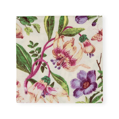 The Caspari Porcelain Blooms Collection eco-friendly square paper napkin features a botanical print with pink, purple, and cream flowers, green leaves, and a butterfly on a white background.