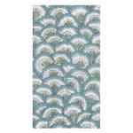 The Pontchartrain Scallop Napkin Collection by Caspari features overlapping blue and green fan-shaped leaves in a scalloped pattern on white, printed on eco-friendly, biodegradable napkins for stylish, sustainable entertaining.