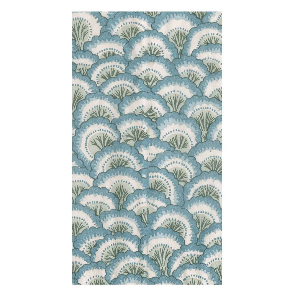 Eco-friendly, triple-ply Pontchartrain Scallop Collection napkins by Caspari feature overlapping blue, green, and white fan-shaped patterns for sustainable style reminiscent of stylized foliage or waves.