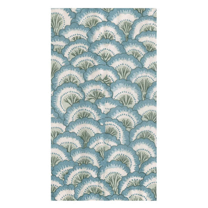 The Pontchartrain Scallop Napkin Collection by Caspari features overlapping blue and green fan-shaped leaves in a scalloped pattern on white, printed on eco-friendly, biodegradable napkins for stylish, sustainable entertaining.