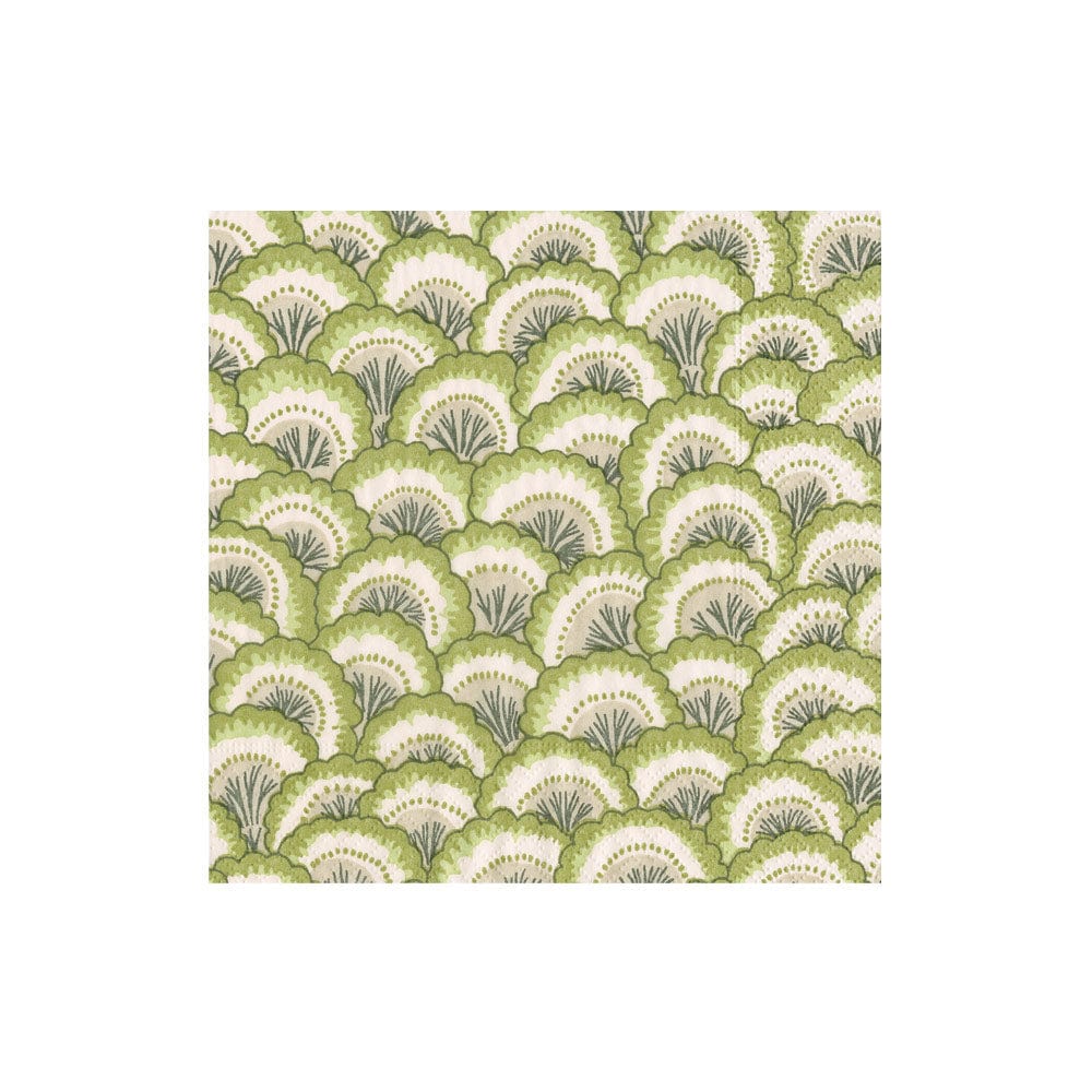 The Pontchartrain Scallop Collection by Caspari features eco-friendly, triple-ply napkins with a fan-shaped green and cream foliage pattern on a white background.