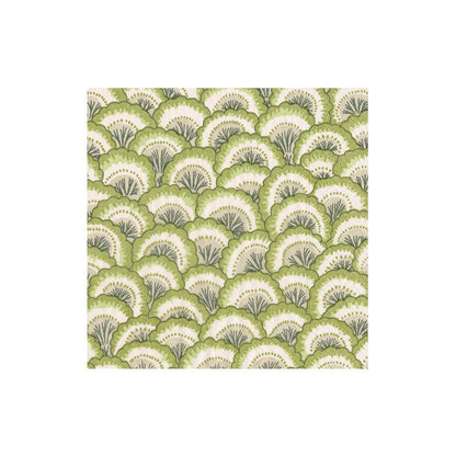The Pontchartrain Scallop Collection by Caspari features eco-friendly, triple-ply napkins with a fan-shaped green and cream foliage pattern on a white background.