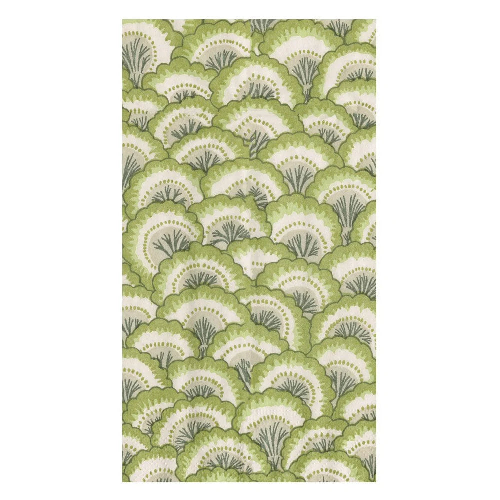 The Pontchartrain Scallop Collection by Caspari features a rectangular rug with a repeating green and white fan-shaped leaf pattern on a light background, inspired by eco-friendly design.