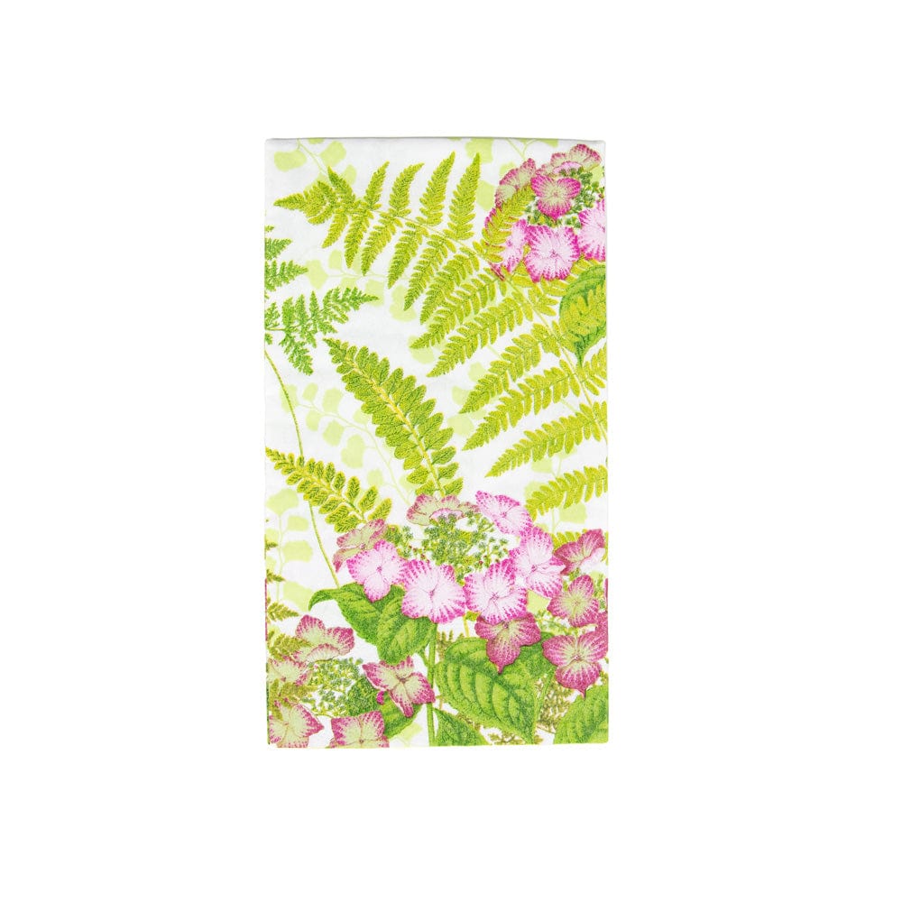 The Caspari Fern Garden Collection features a rectangular white towel with green ferns and pink flowers, ideal for stylish table settings or coordinating with other Caspari party supplies.