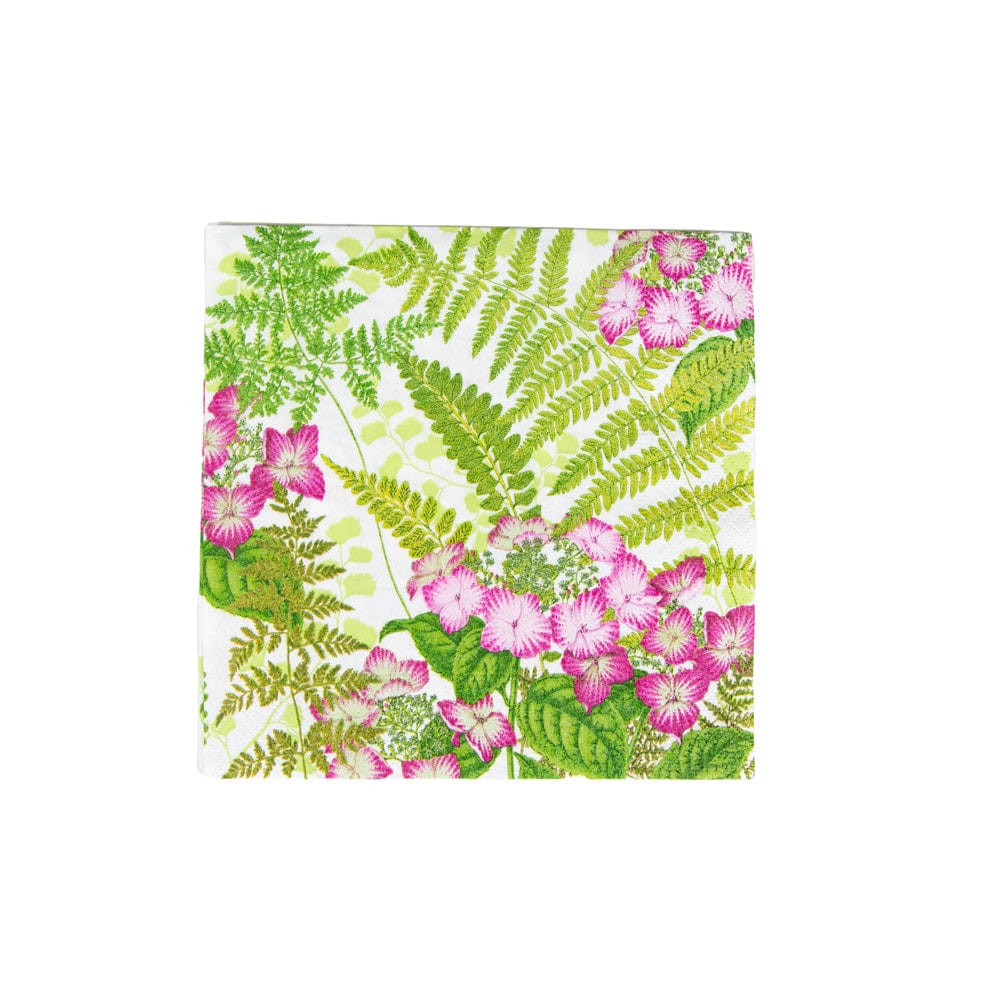 The Caspari Fern Garden Collection napkin features a green fern and pink flower design on white—ideal for stylish table settings and party supplies.
