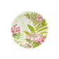The Caspari Fern Garden Collection features round paper plates with a white background, accented by green ferns and pink flowers—ideal for stylish table settings and Caspari-inspired parties.