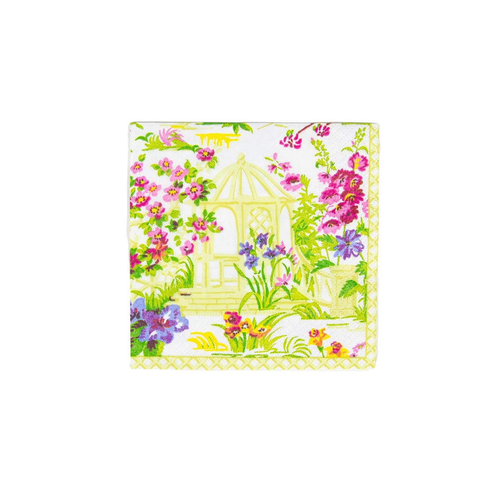 From the Caspari Wedding Gazebo Collection, this square triple-ply napkin features a floral pattern with pink, purple, and yellow flowers and a gazebo illustration at the center.