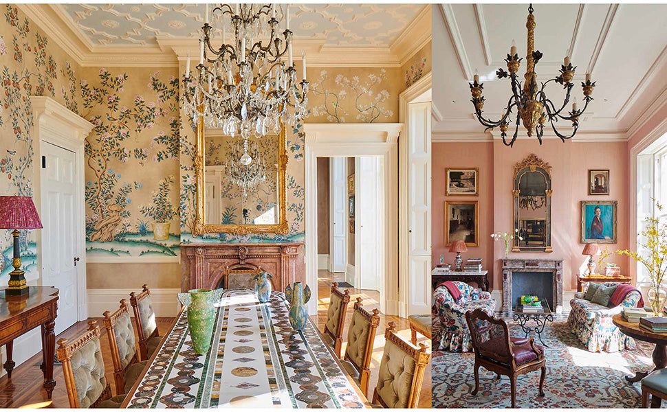 A split image from Transformation: Houses, Places, Stories showing a dining room with floral wallpaper and a long table, alongside a living room with pink walls and a stone fireplace.