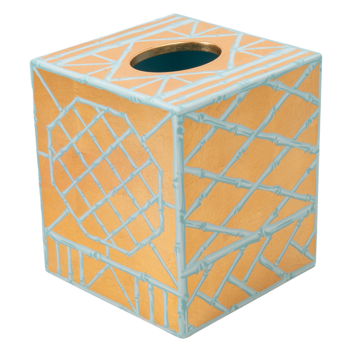 The Caspari Bamboo Screen Robin's Egg Bath Collection features a handcrafted square tissue box cover from Vietnam, with a gold base and light blue geometric lacquerware patterns and a circular top opening.