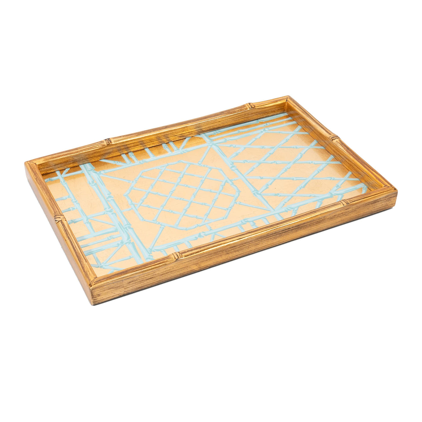 Handcrafted in Vietnam, Caspari's Bamboo Screen Robin's Egg Bath Collection tray features a light blue geometric base and bamboo-like raised edges, highlighting exquisite lacquerware artistry.
