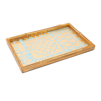 Handcrafted in Vietnam, Caspari's Bamboo Screen Robin's Egg Bath Collection tray features a light blue geometric base and bamboo-like raised edges, highlighting exquisite lacquerware artistry.
