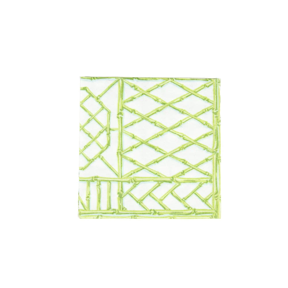 The Caspari Bamboo Screen Collection features a square panel with a geometric lattice design in light green on a white background—ideal for eco-friendly decor.