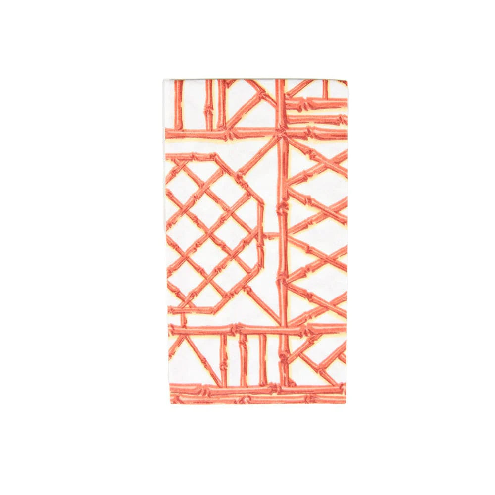 Caspari’s Bamboo Screen Collection features biodegradable rectangular napkins with an orange geometric bamboo pattern on white—ideal for eco-conscious celebrations.