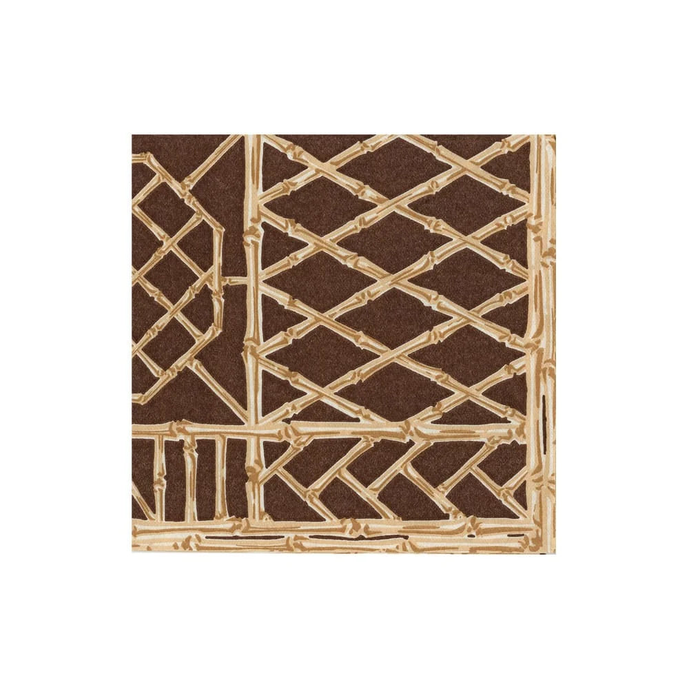 The Bamboo Screen Collection by Caspari features biodegradable napkins in a brown square design with tan geometric lattice and grid patterns reminiscent of bamboo or wood, set against a plain white background—offering an eco-friendly alternative to traditional tableware.