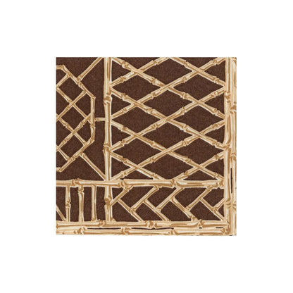 The Bamboo Screen Collection by Caspari features biodegradable napkins in a brown square design with tan geometric lattice and grid patterns reminiscent of bamboo or wood, set against a plain white background—offering an eco-friendly alternative to traditional tableware.