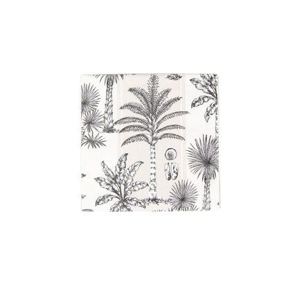 Southern Palms by Caspari is a square, eco-friendly white napkin decorated with repeating black botanical illustrations of palm trees and plants.