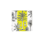 Southern Palms by Caspari is a square, eco-friendly napkin featuring black and white palm trees, an elephant at the center, and a vertical yellow stripe.
