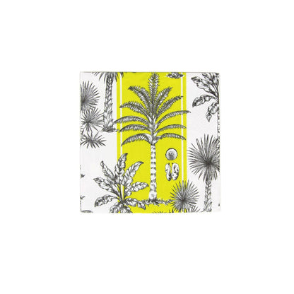 Southern Palms by Caspari is a square, eco-friendly napkin featuring black and white palm trees, an elephant at the center, and a vertical yellow stripe.