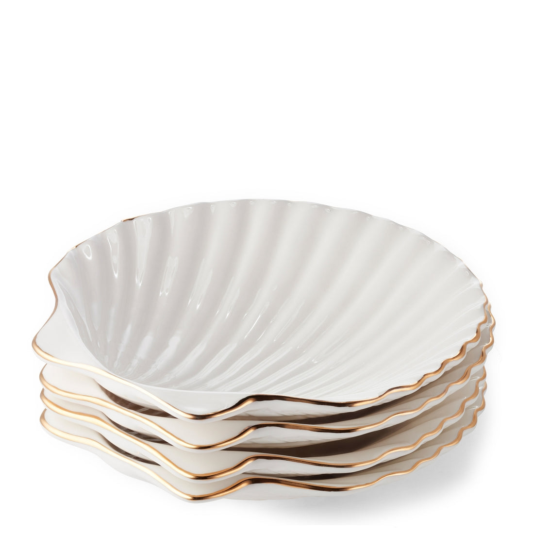 Set of four Shell Appetizer Plates by Aerin, featuring a white scallop shell design with gold edging, arranged on a plain white background for a chic coastal-inspired look.