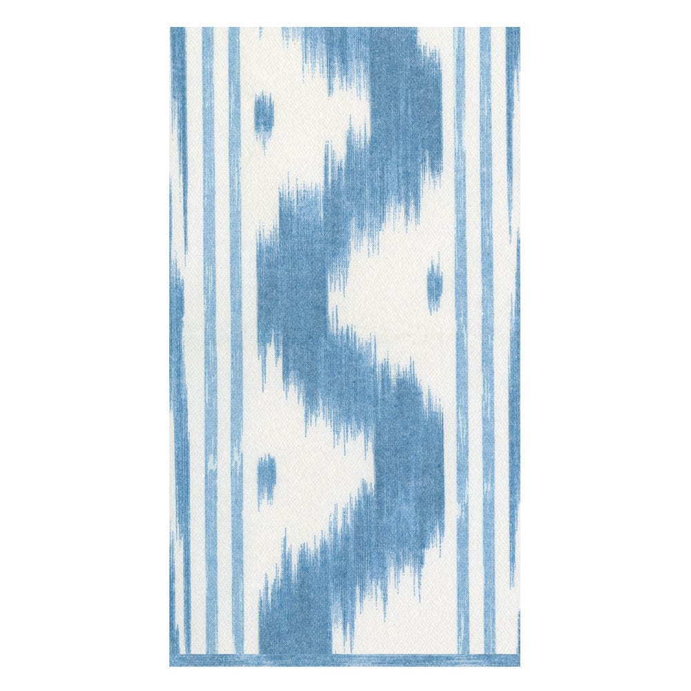 The Toile de Nantes Collection by Caspari features a rectangular rug with a white background, vertical blue stripes, and a bold, jagged blue wave—an ideal match for eco-friendly spaces with biodegradable napkins.