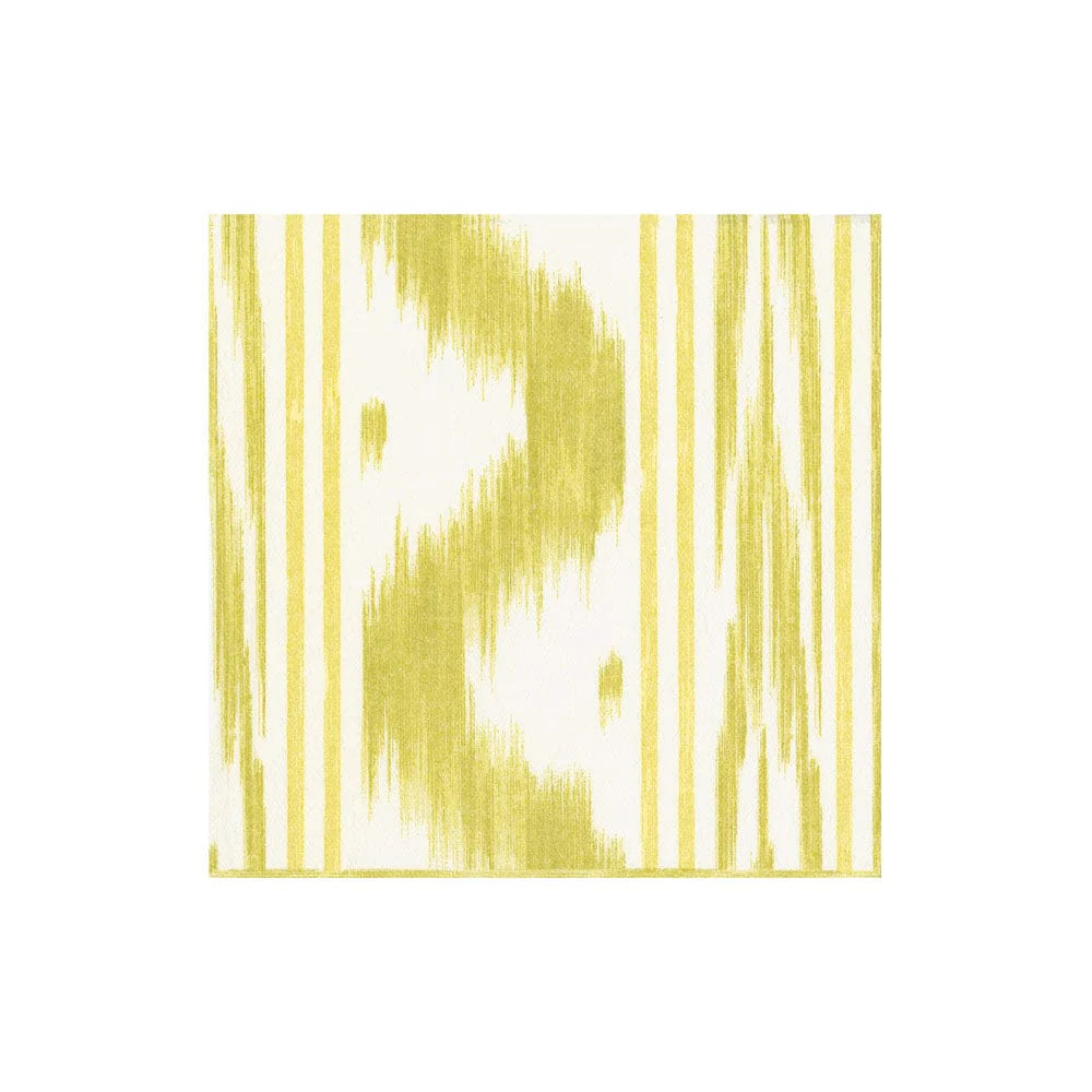A square fabric swatch from Caspari’s Toile de Nantes Collection, featuring a yellow and white abstract striped, ikat-inspired design—perfect for eco-friendly biodegradable napkin ideas—displayed on a white background.