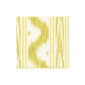 A square fabric swatch from Caspari’s Toile de Nantes Collection, featuring a yellow and white abstract striped, ikat-inspired design—perfect for eco-friendly biodegradable napkin ideas—displayed on a white background.