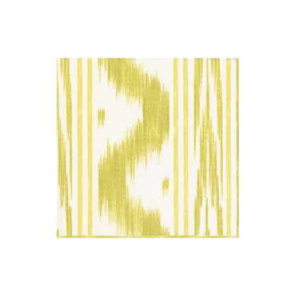 A square fabric swatch from Caspari’s Toile de Nantes Collection, featuring a yellow and white abstract striped, ikat-inspired design—perfect for eco-friendly biodegradable napkin ideas—displayed on a white background.