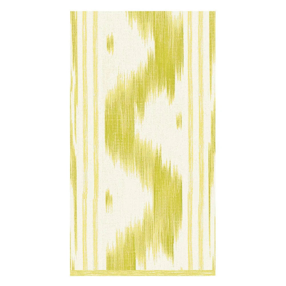 The Caspari Toile de Nantes Collection features a rectangular towel with yellow and white wavy stripes, ideal for pairing with biodegradable napkins to create an eco-friendly, stylish table setting.