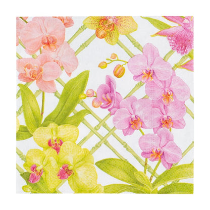 The Orchid Conservatory Collection by Caspari features pink, yellow, and purple orchids with green leaves on a white lattice background—ideal for elegant table settings or stylish party supplies.