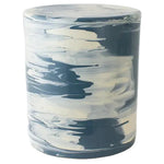 The Cylindrical Garden Stool Collection by Paul Schneider Ceramics features a blue and white marbled design with a glossy finish, ensuring each piece is unique—ideal as a modern stool or side table.