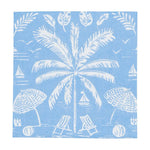 Caspari’s Palms and Parasols Ocean napkins feature a blue and white beach scene with palm trees, umbrellas, lounge chairs, sailboats, seashells, and seagulls—perfect eco-friendly accents for your summer gatherings.