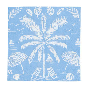 Caspari’s Palms and Parasols Ocean napkins feature a blue and white beach scene with palm trees, umbrellas, lounge chairs, sailboats, seashells, and seagulls—perfect eco-friendly accents for your summer gatherings.