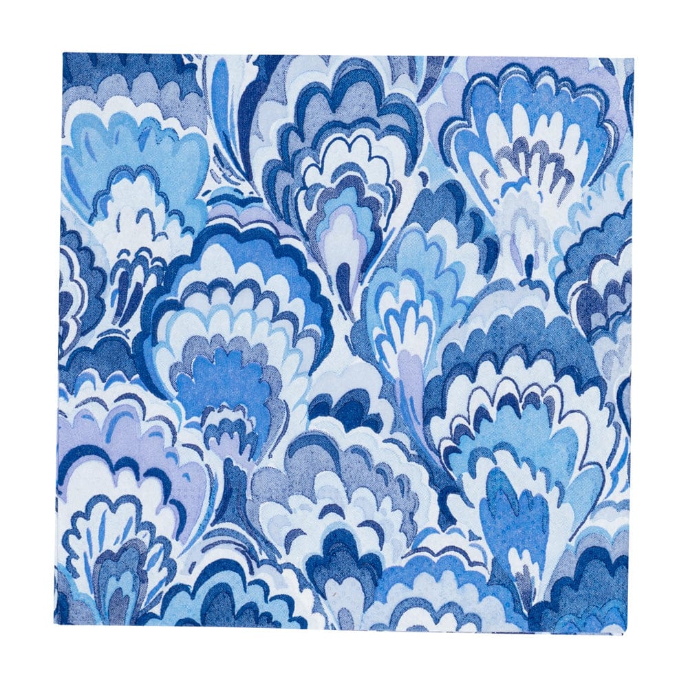 Layered, scallop-shaped patterns in blue and purple on white evoke marbled waves, reflecting the elegance of the Marbled Ceramica Collection by Caspari.