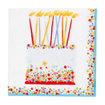 Caspari's Birthday Cake Collection napkins feature a vibrant birthday cake with tall candles and confetti accents, adding a festive touch to your party supplies or table settings.