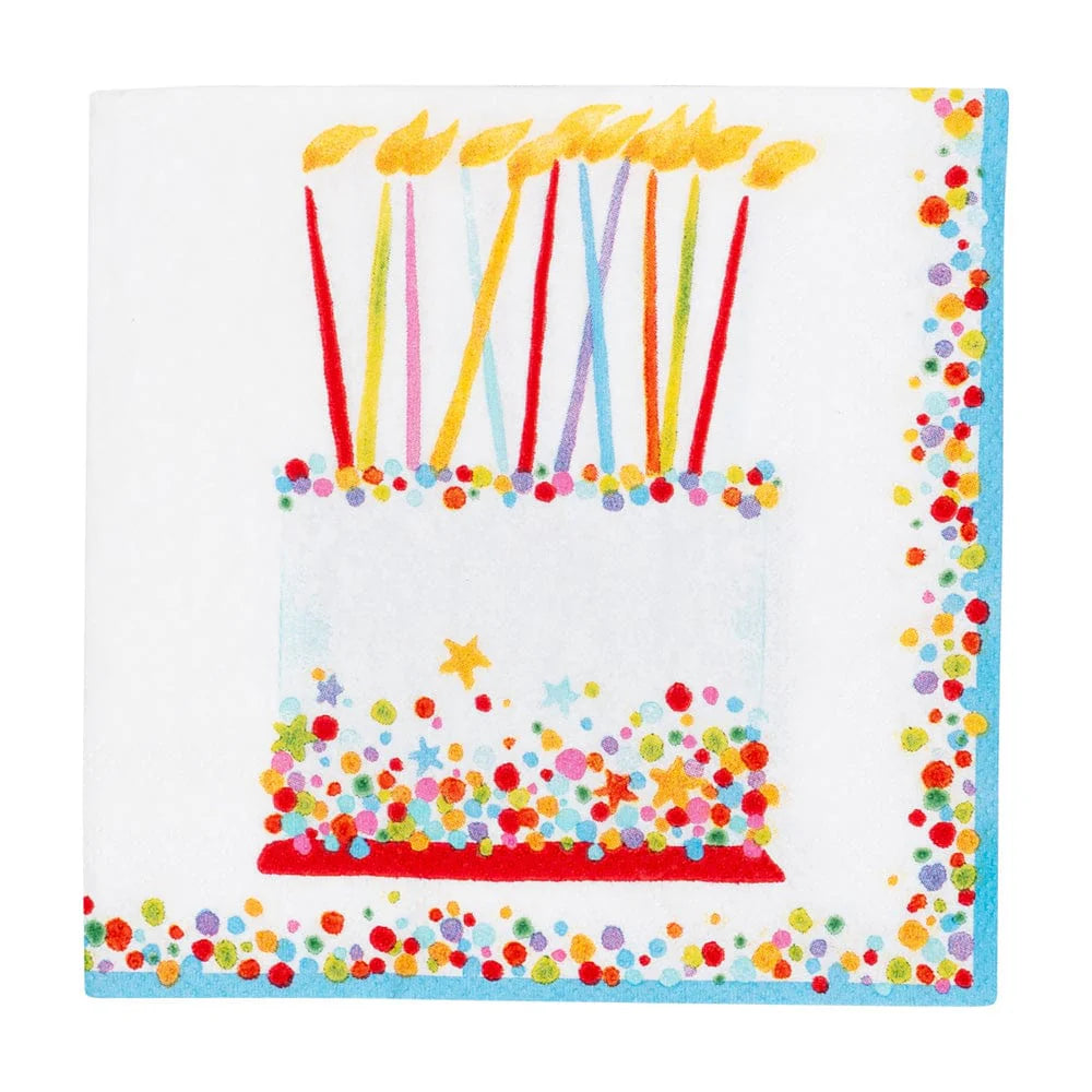 Caspari's Birthday Cake Collection napkins feature a vibrant birthday cake with tall candles and confetti accents, adding a festive touch to your party supplies or table settings.