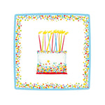 Caspari’s Birthday Cake Napkin Collection features napkins with a cake and candles, confetti dots, a blue border, and festive edge—ideal for adding color to party supplies or brightening table settings.