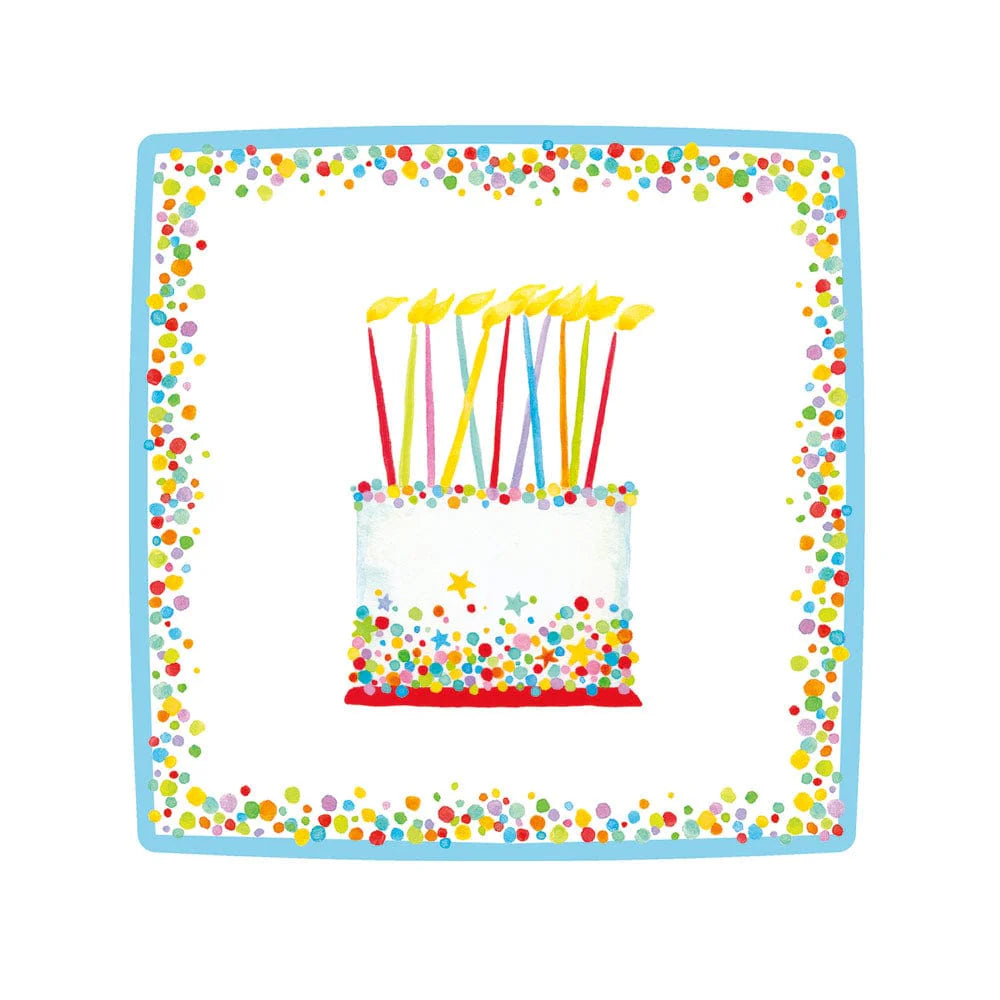 Caspari’s Birthday Cake Collection features a white frosted cake topped with colorful sprinkles and tall candles, set against a white square background bordered by multicolored dots—ideal for festive party supplies and table settings.