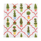 The Caspari Petit Jardin De Noel Collection napkin features festive Christmas topiaries in colorful pots with red bows on a white background and red lattice—ideal to coordinate with matching disposable tableware or party plates.