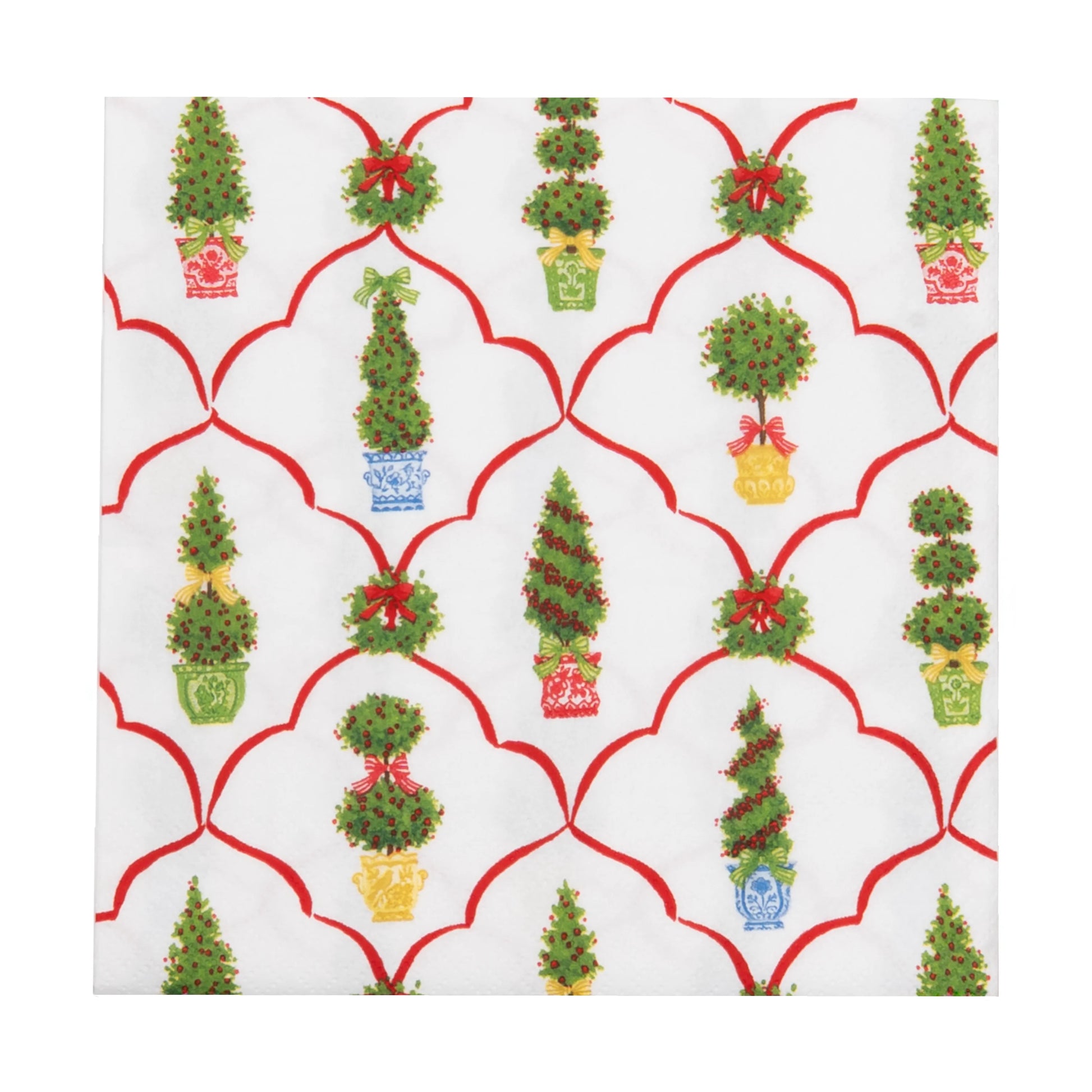 The Caspari Petit Jardin De Noel Collection napkin features festive Christmas topiaries in colorful pots with red bows on a white background and red lattice—ideal to coordinate with matching disposable tableware or party plates.