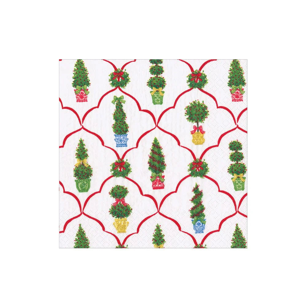 The Petit Jardin De Noel Collection napkin by Caspari features a white base with red lattice and potted topiary trees adorned with bows and ornaments, adding festive charm to your disposable tableware or paper dinnerware at any gathering.